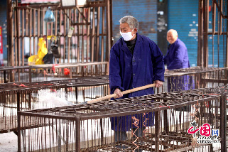 4月9日，一名工作人员在安徽省亳州市谯城区大杨镇康楼禽业育种育成场消毒。摄影：刘勤利/中国网图片库