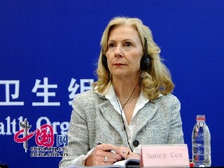世卫组织亚特兰大合作中心主任Nancy Cox答记者问。中国网 寇莱昂