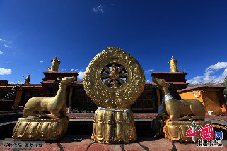 扎基寺由法论和鹿组成的金顶。中国网记者 杨佳摄影 