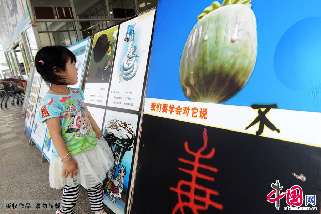 6月26日，山东青岛开发区一位小朋友在观看禁毒宣传展牌。中国网图片库 俞方平/摄