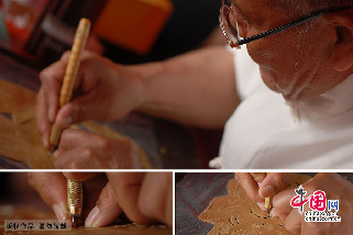 在家裏，劉尚儀也是刀工不倦，總有做不完的活計；創作素材，刻繪皮影，與老伴兩個人完成諸多手工製作。驢皮影的製作工藝非常複雜：下料劃線、雕刻、繪畫、晾幹壓平、裝裱等六項工藝流程。中國網圖片庫 王海濱攝