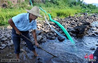 2013年8月13日，武义县俞源乡下杨二村担负为400多亩单季稻抽水抗旱的村民刘林海在挖沙石，掏大水泵吸水面积。 中国网图片库 张建成 摄