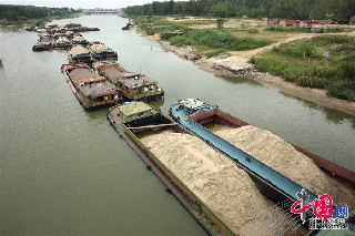 8月20日，安徽省蒙城县，大批装满沙石的船只被困涡河蒙城闸下游水域。中国网图片库 胡卫国摄影