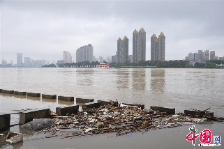 受近日吉林市丰满水库泄洪影响，大量漂浮垃圾从上游流进吉林市临江门大桥下的护栏台内，对江水造成严重污染。图为8月26日，吉林省吉林市临江门大桥下江面上成堆的漂浮垃圾。  中国网图片库 王凯冬摄影