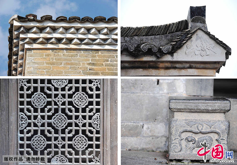 从左至右分别为：关西新围围屋屋檐（左上）、雕花木窗（左下）、屋檐上的雕花（右上）、石凳上的石刻（右下）。 中国网图片库 赖鑫琳/摄