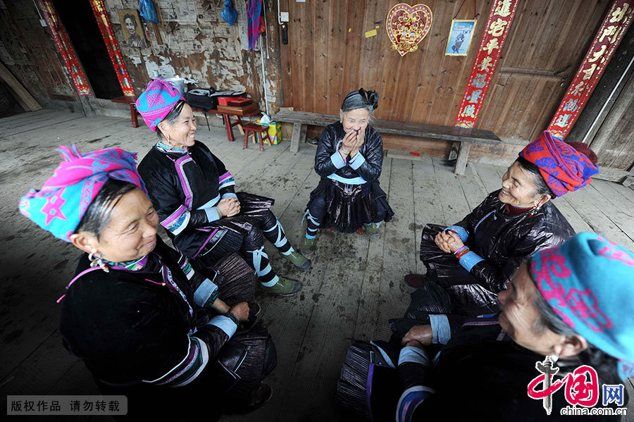 潘萨银花（中）在传习所中与其他老年歌师商议村里举办的鼓楼歌赛的参赛曲目。 中国网图片库 赖鑫琳/摄 