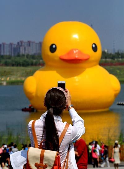 北京：秋高气爽好游园 “大黄鸭”招来5万游客