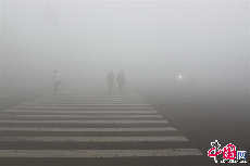 2013年10月21日，大雾能见度不足十米，行人过马路小心翼翼，汽车行驶至路口彼此鸣笛判断对方位置。中国网图片库 知言/摄