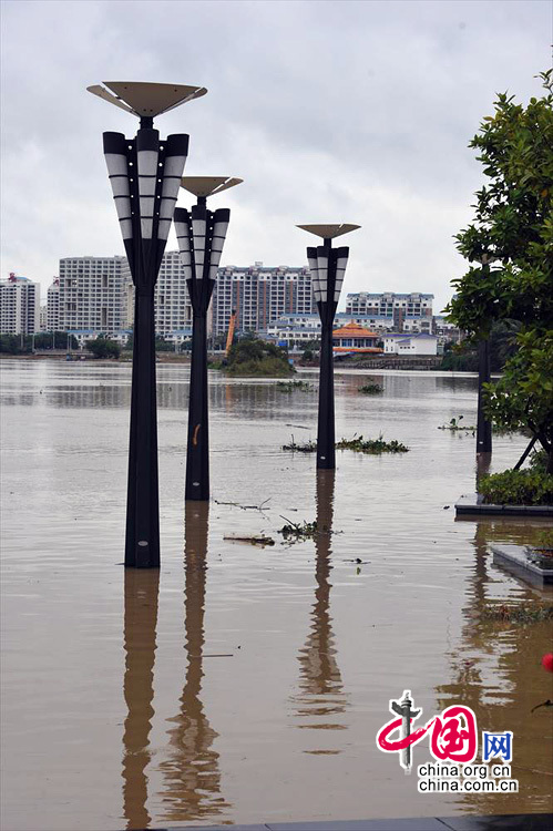 海南隆冬现罕见强降雨[组图]图为2013年12月15日，海南琼海，遭河水淹的公共设施。