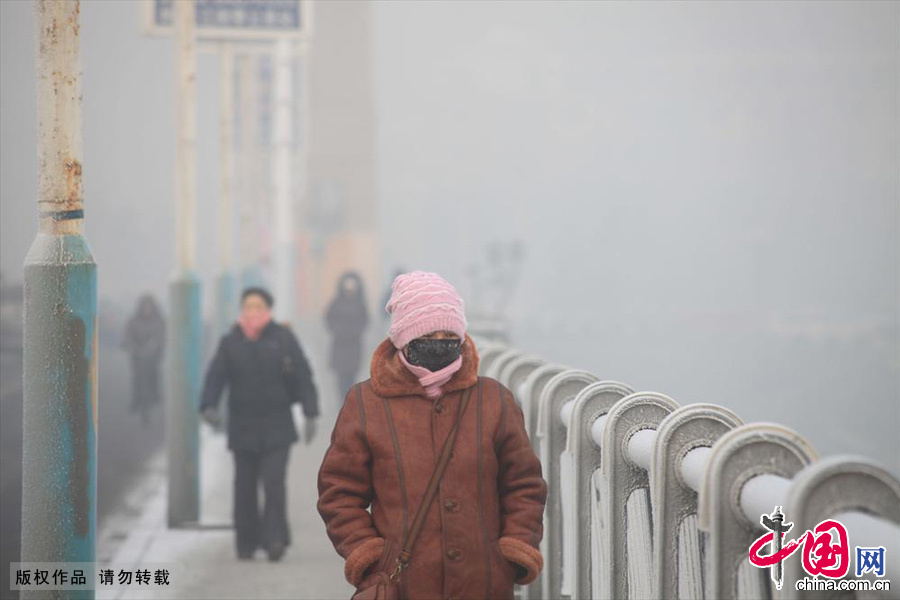 2013年12月17日，吉林省吉林市被大雾笼罩，城市建筑时隐时现，市民和车辆在雾霾中前行。