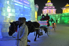 特色觀光馬車成為遊客觀賞冰燈雪景的獨特交通工具。