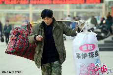 1月20日，安徽蚌埠火车站，一位回乡人肩挑行李，边走边低头看着手里的火车票。中国网图片库 高建业 摄