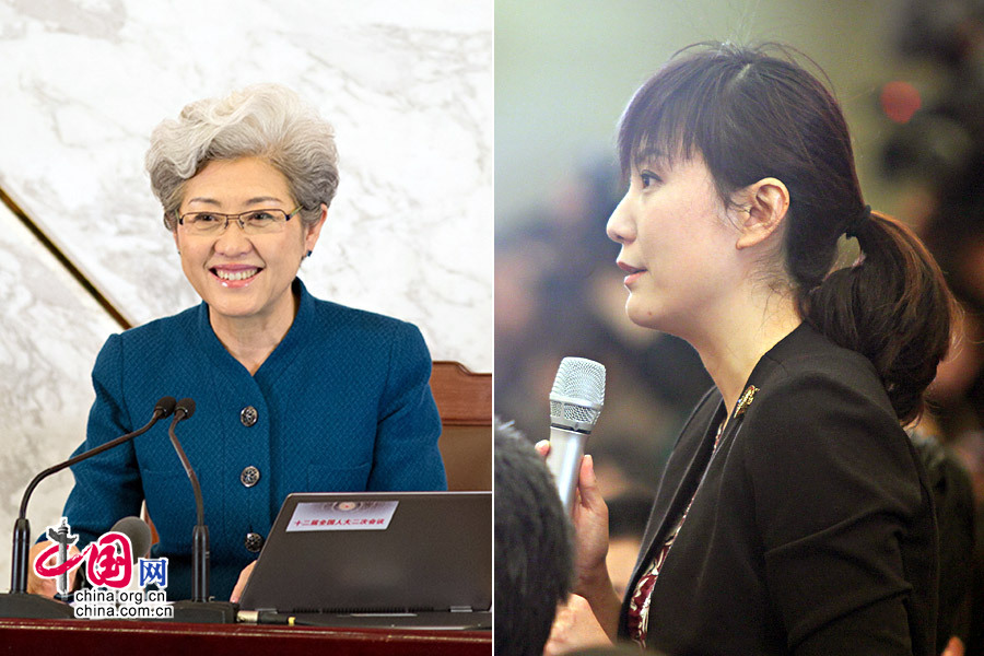 3月4日,十二届全国人大二次会议在人民大会堂新闻发布厅举行新闻发布会。图为十二届全国人大大会副秘书长及发言人傅莹（左）回答记者提问。右为香港卫视记者提问。