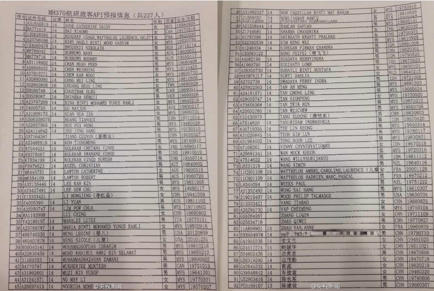马来西亚航空公司飞往北京的MH370航班乘客名单公布。