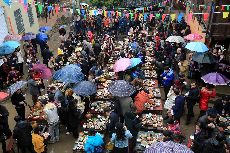  湘黔桂交界的广西三江侗族自治县梅林乡举办“二月二”侗族大歌节，当地侗族群众在梅林村摆起“百家宴”，迎接来自全国各地的游客。
