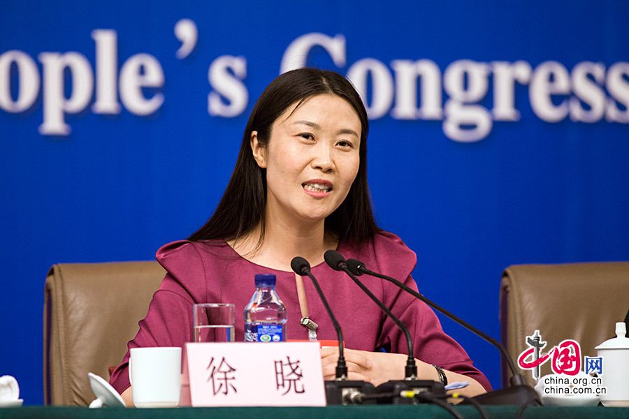 3月12日，全国人大代表、河南省开封城摞城发展有限公司董事长徐晓回答记者提问。