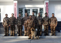 2014年3月15日，趁着两名战士下岗回来的机会，哨所战士和不穿军装的“战友”军犬“七夜”照了一张别致的全家福留念。