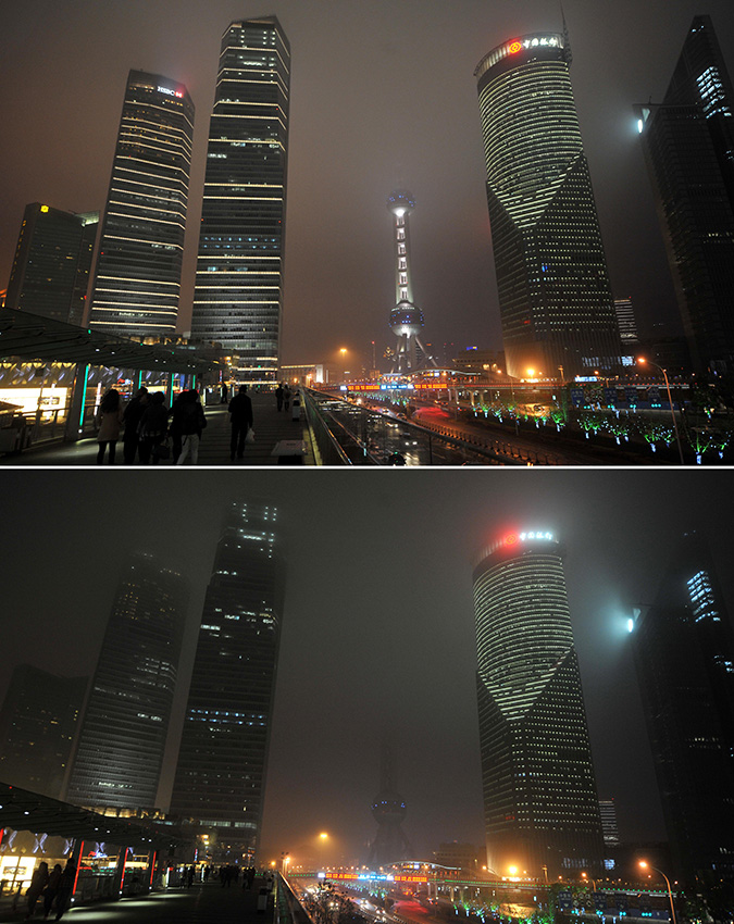这是上海陆家嘴地区熄灯前后的对比图（3月29日摄，拼版照片）。当日，包括东方明珠在内的部分上海陆家嘴标志性建筑在晚20时30分至21时30分集体熄灯，参与“地球一小时”活动。新华社记者 裴鑫 摄