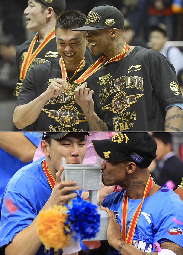 上图：2014年3月30日，北京金隅队球员马布里（右）与队友李学林在颁奖仪式上庆祝夺冠。当日，在2013-2014赛季中国男子篮球职业联赛（CBA）总决赛第六场比赛中，北京金隅队客场以98比88战胜新疆广汇汽车队，以总比分4比2夺得总冠军。下图：2012年3月30日，北京金隅队球员马布里（右）与队友朱彦西在颁奖仪式上亲吻冠军鼎。当日，在2011-2012赛季中国男子篮球职业联赛（CBA）总决赛第五场比赛中，北京金隅队主场以124比121战胜广东东莞银行队，以总比分4比1夺得总冠军。新华社发