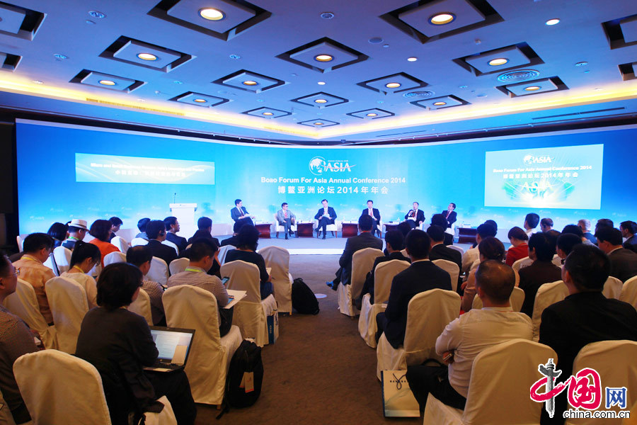  2014年4月8日，博鰲亞洲論壇2014年年會舉行“小微金融：亞洲的創新與實踐”分論壇，與會嘉賓就小微企業的制度環境、綜合金融服務等話題展開討論。圖為會議現場。 中國網記者 孫磊攝影