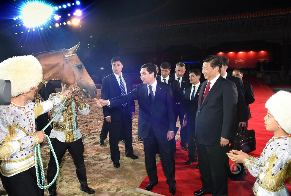 5月12日晚，國家主席習近平與土庫曼總統別爾德穆哈梅多夫在北京共同出席世界汗血馬協會特別大會暨中國馬文化節開幕式。這是習近平接受別爾德穆哈梅多夫代表土方贈予中方的一匹汗血馬。新華社記者 劉建生 攝