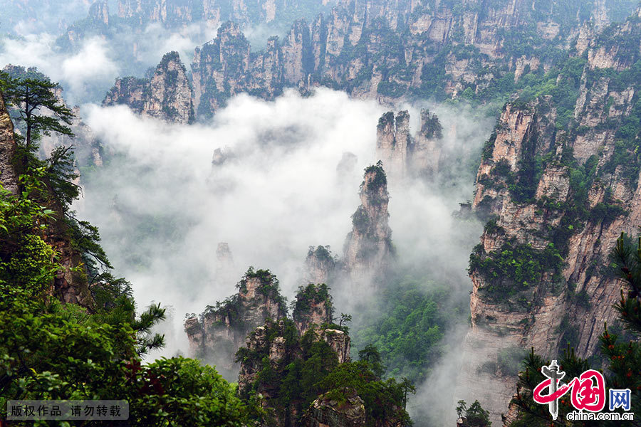 　5月14日，湖南張家界天子山風景區雨後放晴，奇異山峰雲霧繚繞，峰墻、峰林宛若仙境。