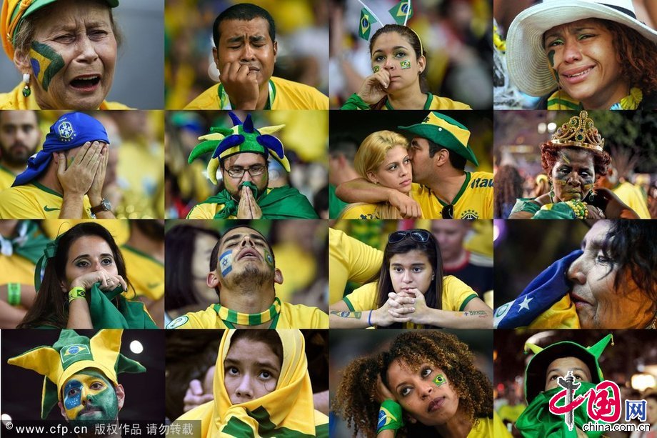 2014年7月8日，巴西米內羅競技場，2014巴西世界盃準決賽，巴西Vs德國。各地巴西球迷觀戰痛哭流涕。圖片來源：cfp