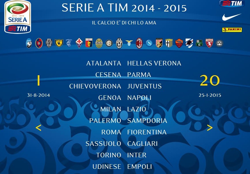 2014-2015意甲赛程:第6轮尤文战罗马 12轮米兰