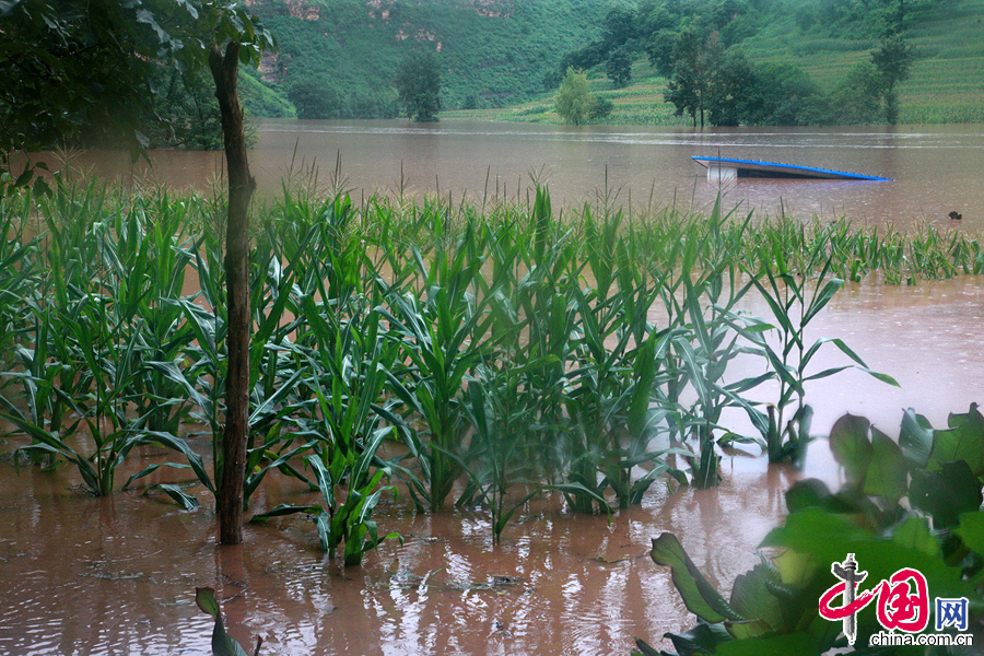 2014年8月11日，牛欄江水位上漲很快，已經淹沒了房屋，只剩下屋頂露出水面，村民開始攜帶物資從河岸低處撤離。