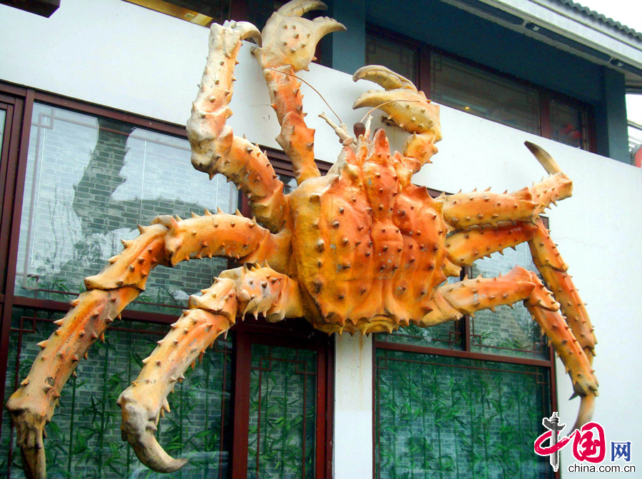 9月17日，行人从苏州李公堤的巨型螃蟹旁经过。近日，一只巨大的仿真螃蟹雕塑亮相苏州街头，为秋季螃蟹上市营造气氛，吸引了许多路人的目光。 中国网图片库 王建康摄影