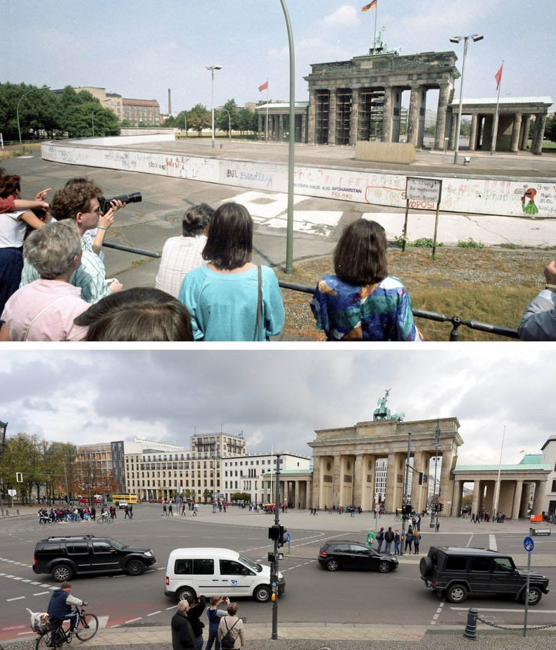 柏林墙倒塌前及倒塌25年后的勃兰登堡门。上图摄于1989年，下图摄于2014年10月15日。