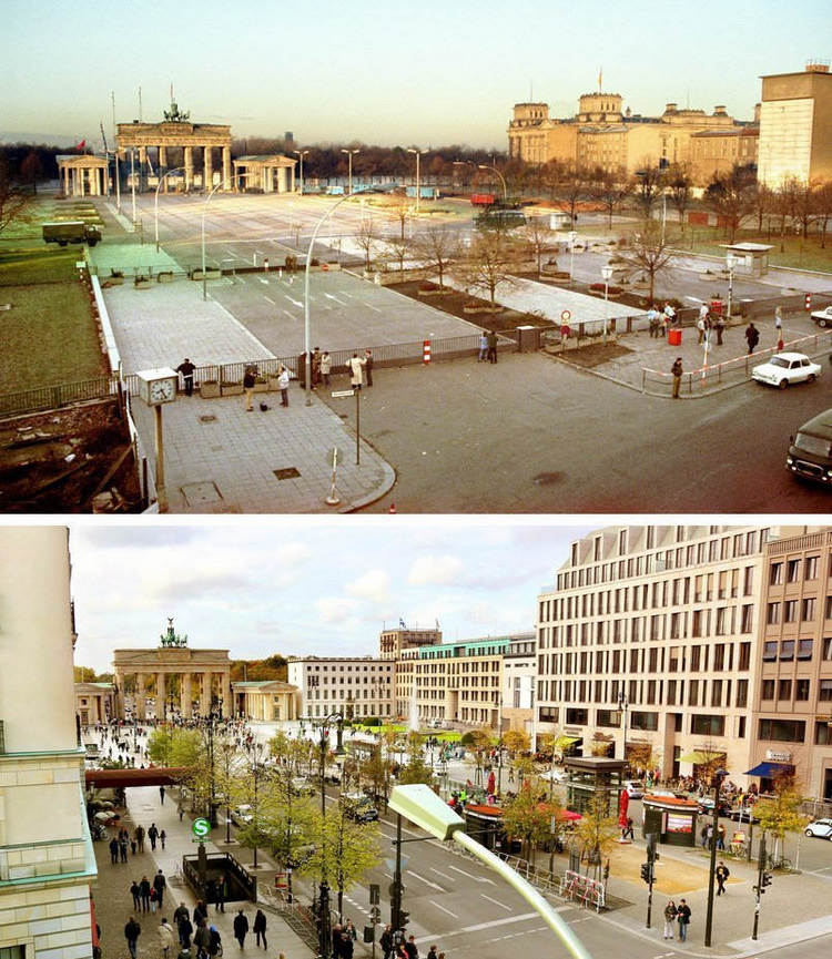 柏林墙倒塌前及倒塌25年后的巴黎广场。上图摄于1989年秋季，下图摄于2014年10月22日。