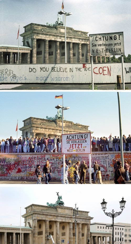 1986年7月21日的柏林墙及勃兰登堡门（上图）、1989年11月10日一群人战在勃兰登堡门前的柏林墙上(中图)、2014年10月13日柏林墙倒塌后的勃兰登堡门（下图）。