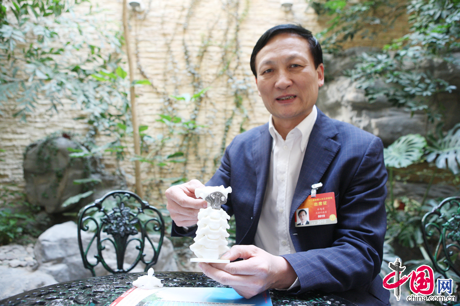 劉忠軍代表向記者介紹3D列印金屬內植物在人體骨骼填充中起到良好效果。中國網董寧攝影