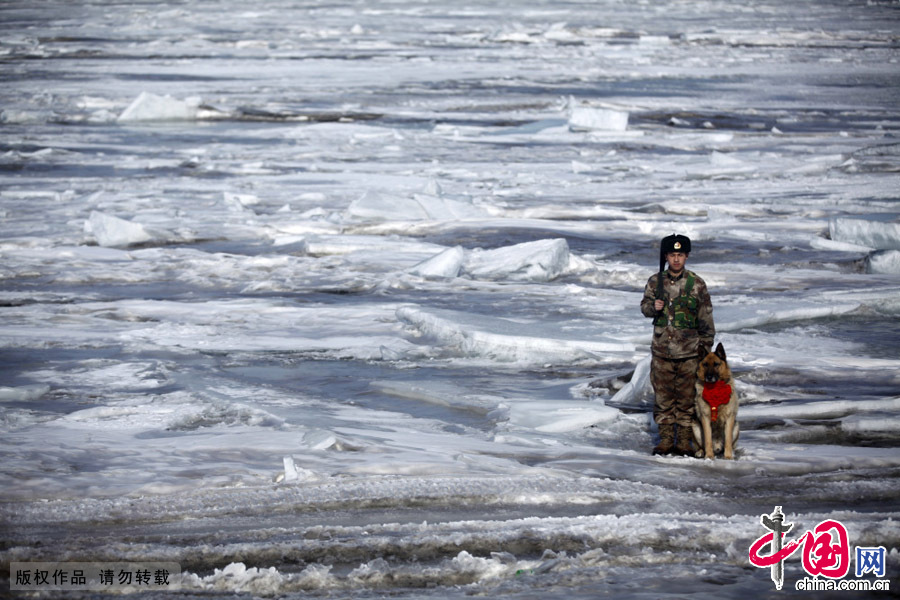 2014年3月15日，“黑河好八連”長髮哨所哨兵熊星陪伴軍犬“七夜”站好最後一班崗。