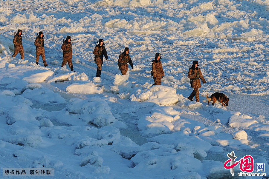 2012年11月29日，軍犬“大寶”和“黑河好八連”巡邏組官兵巡邏在邊境線上。