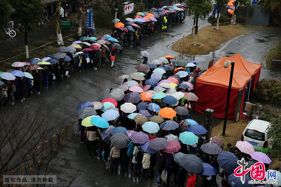 2月27日，浙江省杭州市，中国美术学院2015年艺考报名现场确认在中国美术学院象山校区进行，考生冒雨排队。