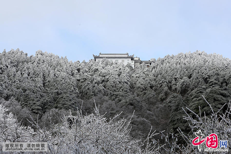 　　2015年4月8日，在黄山风景区拍摄的罕见的四月春雪美景。中国网图片库 施亚磊/摄