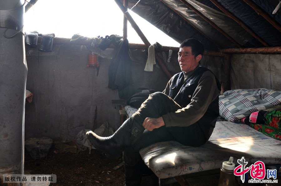  劉清林,55歲,內蒙古大興安嶺金河林業局亞金溝林場一處撫育伐工隊工人。1985年開始在山場從事畜力集材（俗稱馬套子），自今從事這一行業30年。劉清林正準備穿靴子上山集材，面對停伐，他很樂觀：“就是不停伐，因為年齡大了，也不想在山場幹了。”