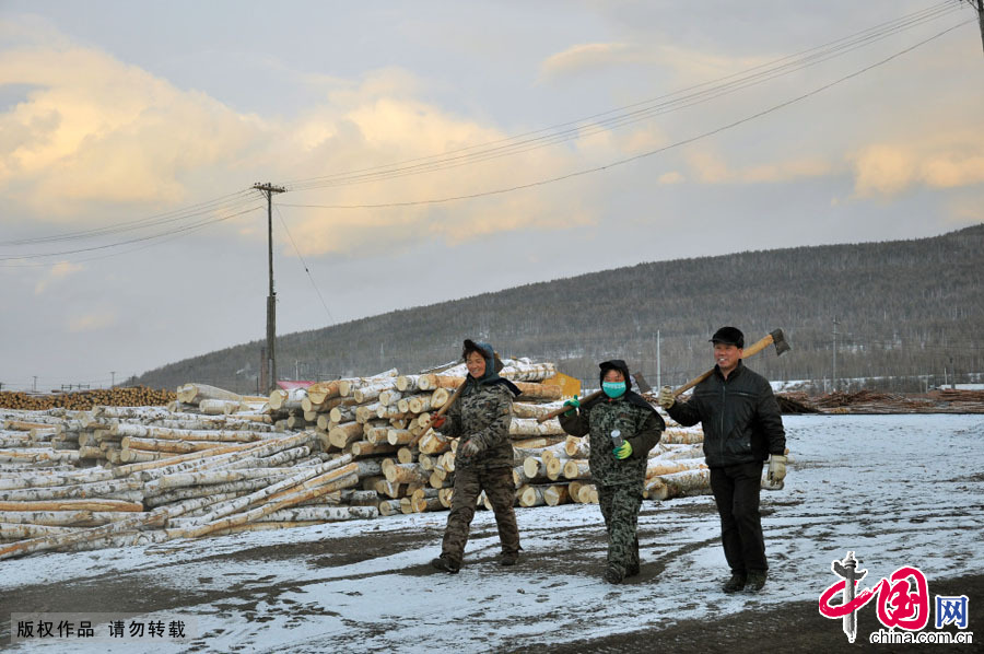 2015年3月19日，內蒙古大興安嶺阿龍山林業局貯木場，工人們開心地收工了。中國網圖片庫 余昌軍攝