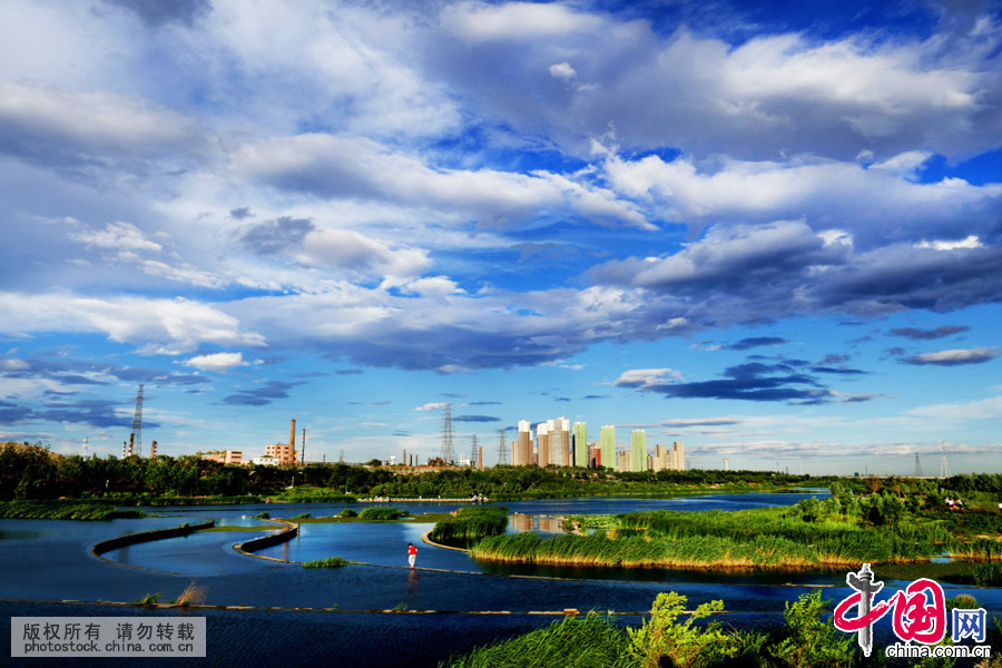 6月12日傍晚，在北京莲石湖畔上空，优美的蓝天白云，构成一幅漂亮画卷。中国网图片库 李文明摄