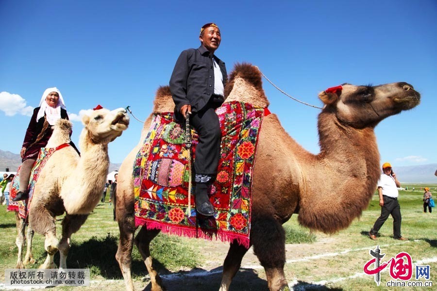  这一天，人们都会盛装打扮，前来参加一年一度的“赛羊节”，骑着大骆驼观看比赛的哈萨克夫妇像莅临现场国王夫妇一样威风。中国网图片库 孙继虎摄