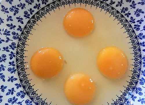 英国巨型鸡蛋打出4个蛋黄 概率仅为110亿分一