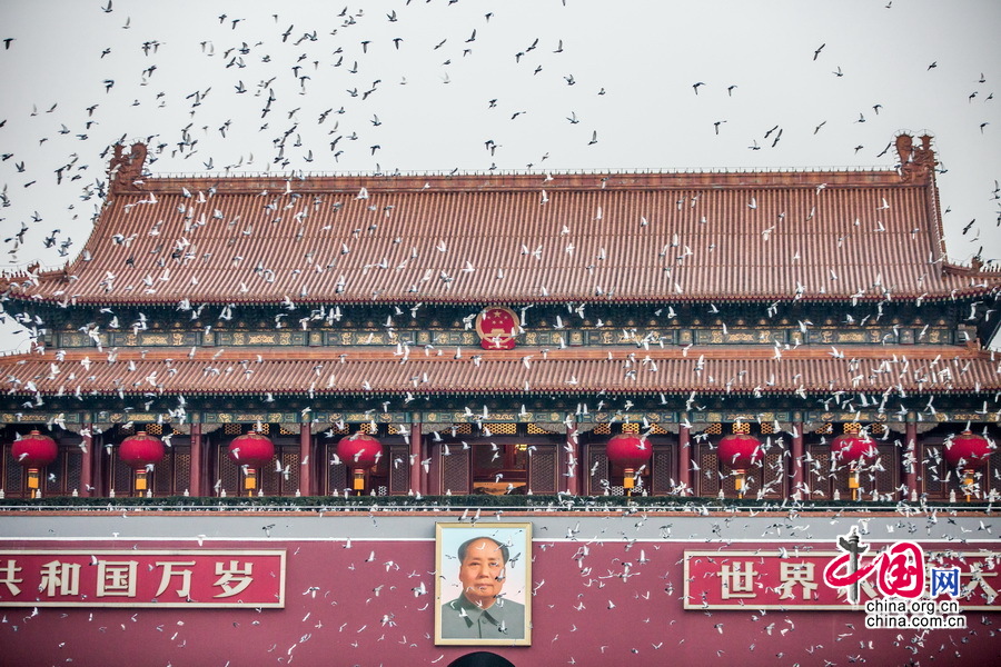 升旗儀式結束後，天安門放飛近2萬隻和平鴿。中國網記者 鄭亮攝影