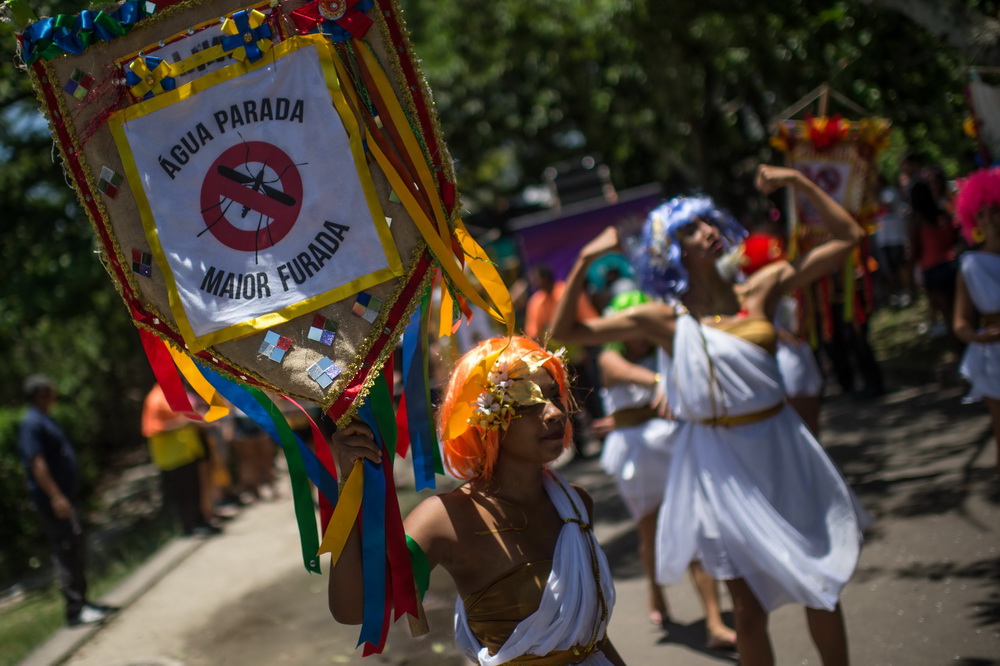 1月23日，在巴西里约热内卢，一名狂欢者手持提醒人们预防寨卡病毒的标牌参加游行。