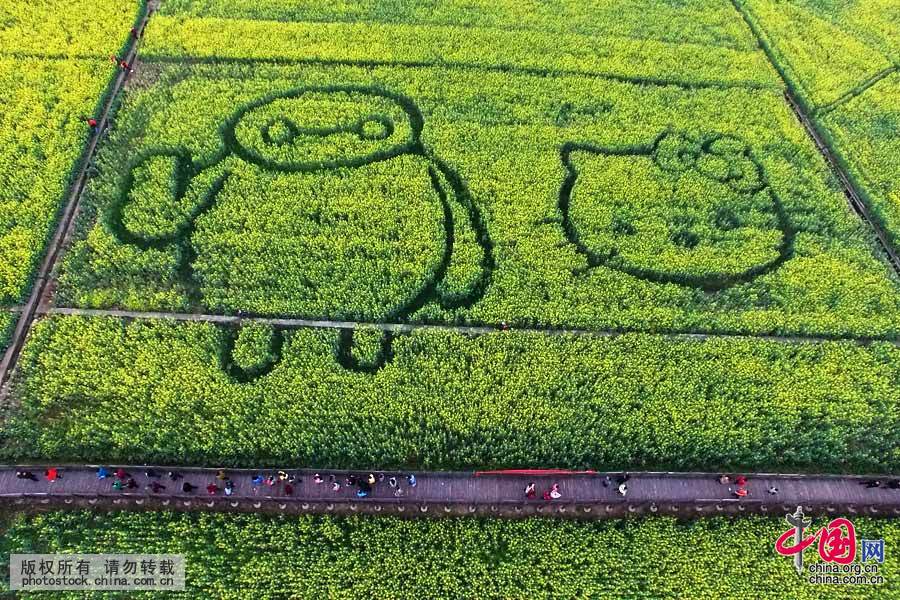 3月12日，在四川省广汉市西高镇用无人机航拍的“种植”于油菜花田中的“机器猫”等萌图。中国网图片库 邱海鹰 摄