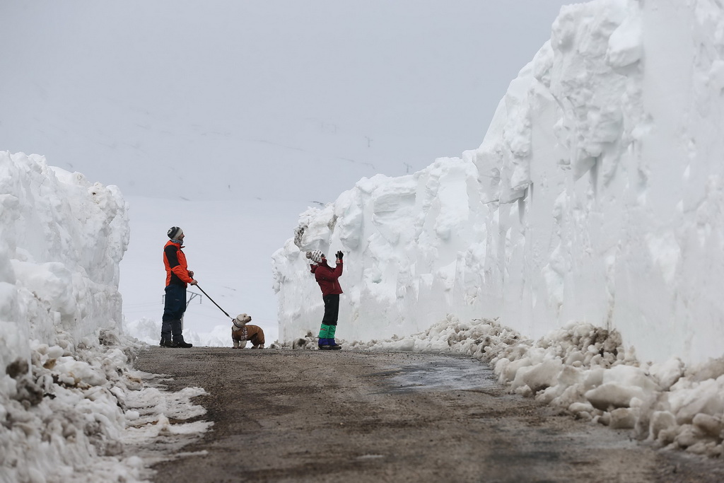 西班牙北部出现强降雪 公路两侧形成数米高的雪“墙”