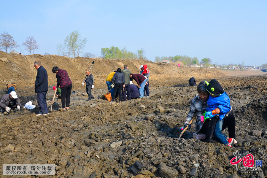 2016年3月31日，中國大運河河南滑縣段（現稱衛河）斷流清淤，一位大媽帶著自己的孫子在河底挖寶。中國網圖片庫 孫淼 攝