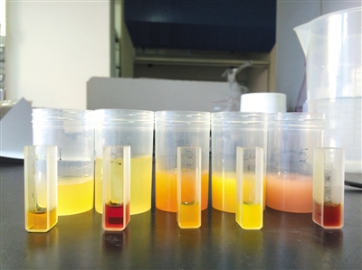 5种果汁样品和加试剂后颜色变化的对比图。