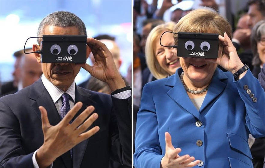 奧巴馬和默克爾體驗虛擬現實眼鏡 二人變身大眼萌